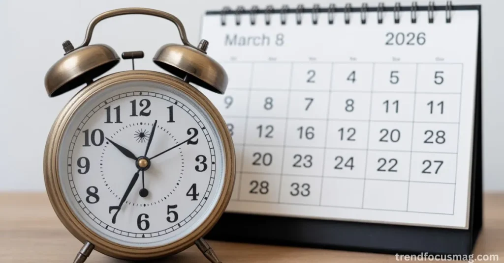 Vintage alarm clock in front of a calendar showing March 8, 2026, symbolizing the start of Daylight Saving Time.