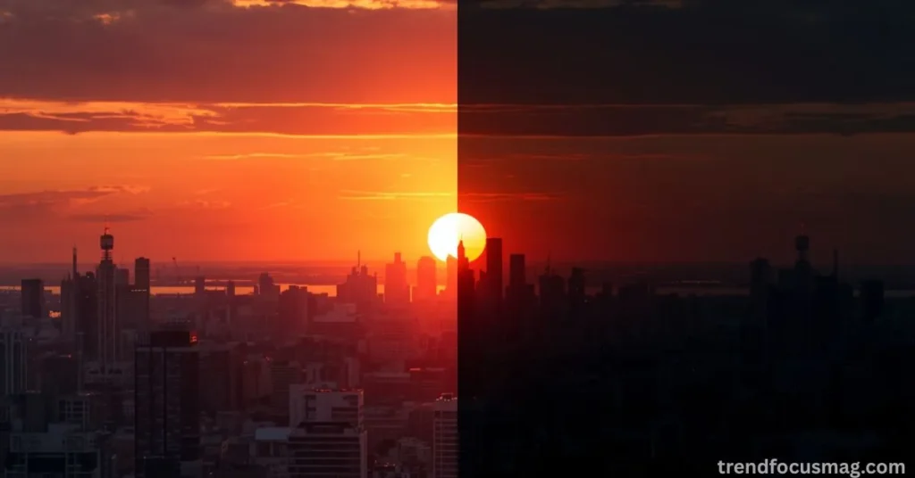 Is daylight savings ending in 2026. Split illustration showing a sunrise over a city at 7am under standard time versus dark morning under daylight saving time.