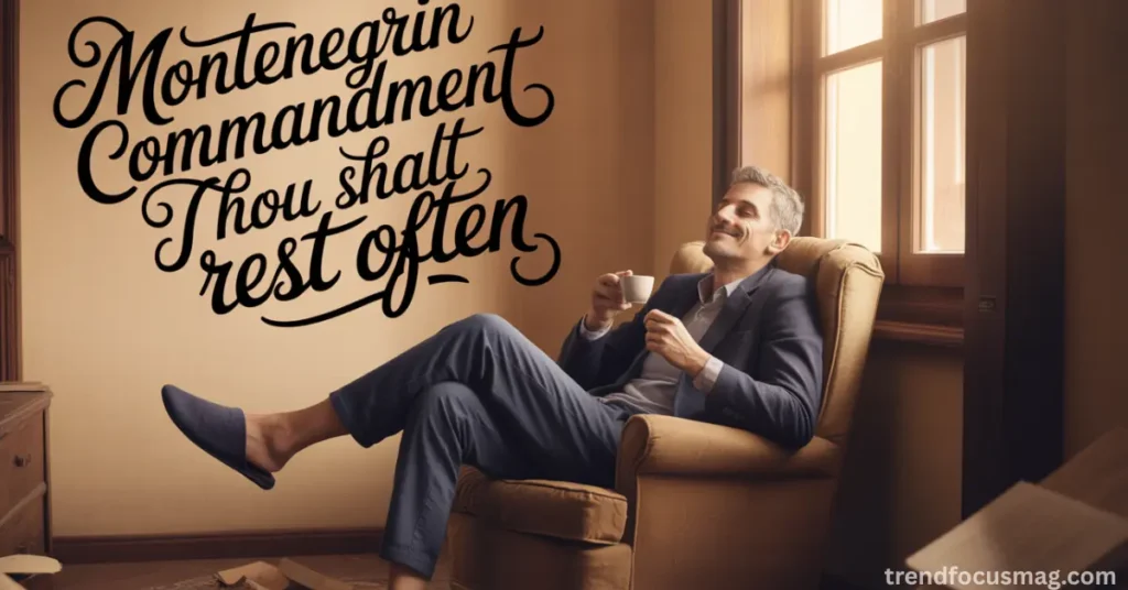 Montenegrin humor illustration of man relaxing on couch representing Montenegrin commandments